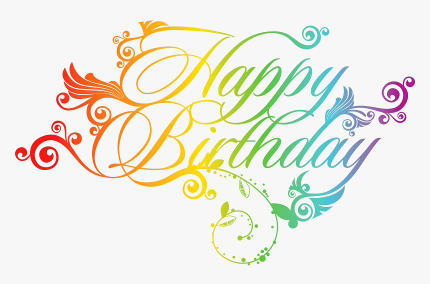 Rainbow-colored ornate "Happy Birthday" calligraphy with floral swirls and leaf motifs on white background.