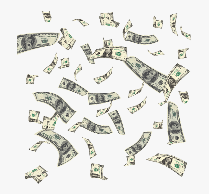 Hundred-dollar bills floating mid-air in a dynamic cascade against a white background.