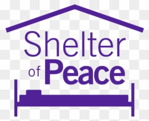 Purple logo for "Shelter of Peace" featuring a stylized house with a bed inside, symbolizing safe housing and rest.