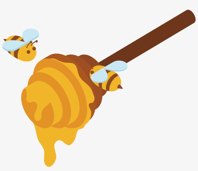 Honey dipper with dripping honey and two cartoon bees flying nearby.