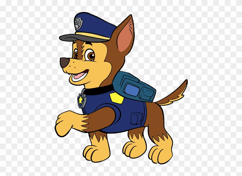 Chase from Paw Patrol in police uniform, running with a cheerful expression and utility backpack.