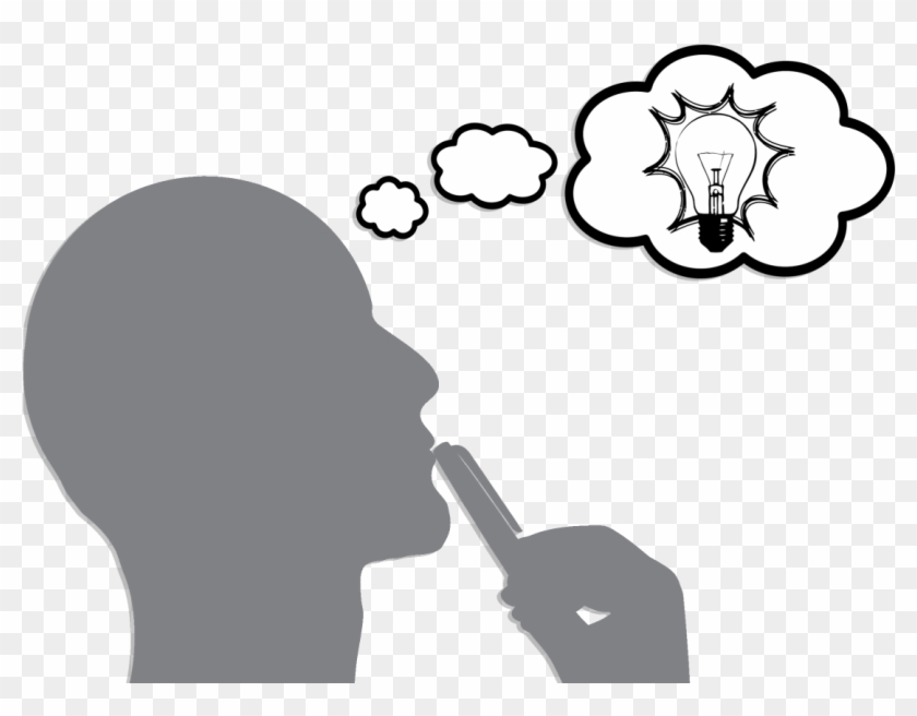 Silhouette of a person thinking with a lightbulb idea in a thought bubble, holding finger to lips.