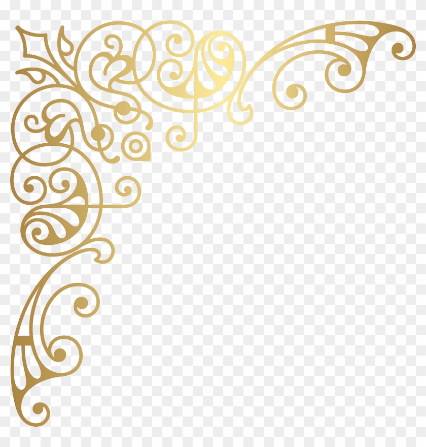 Golden ornate corner flourish with swirling vine and leaf motifs on transparent background.
