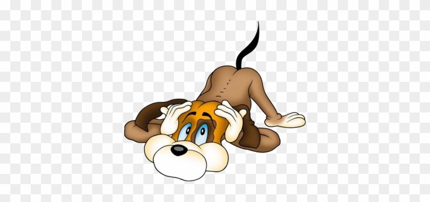 Cartoon dog lying on back with paws on head, wide blue eyes, expressive worried face, brown and tan fur, transparent background.