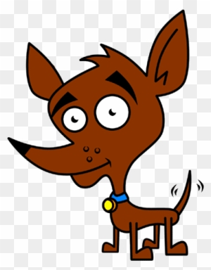 Cartoon brown dog with large eyes, perky ears, blue collar, and wagging tail on transparent background.