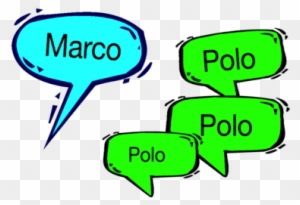 Blue speech bubble saying "Marco" and three green bubbles saying "Polo", illustrating the classic children's game.