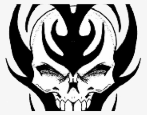 Stylized black-and-white tribal skull logo with flame-like motifs and sharp angular features.