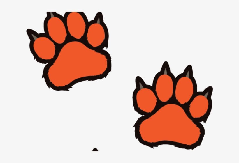 Two vibrant orange cartoon-style animal paw prints with black outlines and visible claws on a white background.