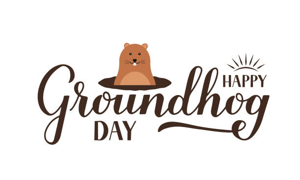 Happy Groundhog Day illustration with a cartoon groundhog peeking from a burrow and decorative text.