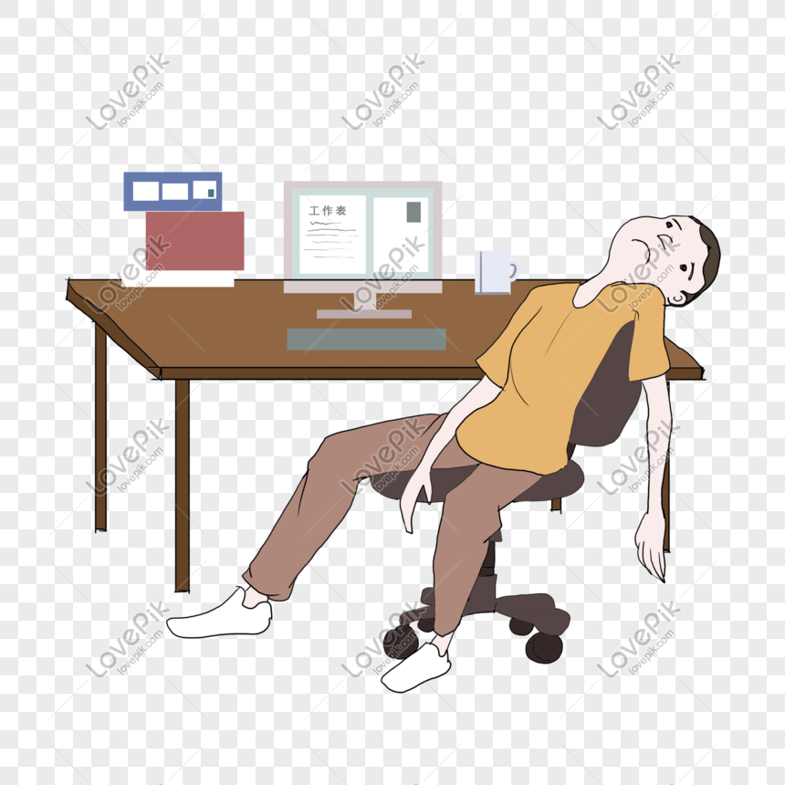 Exhausted office worker slumped in chair at desk with computer and documents, showing burnout or fatigue.