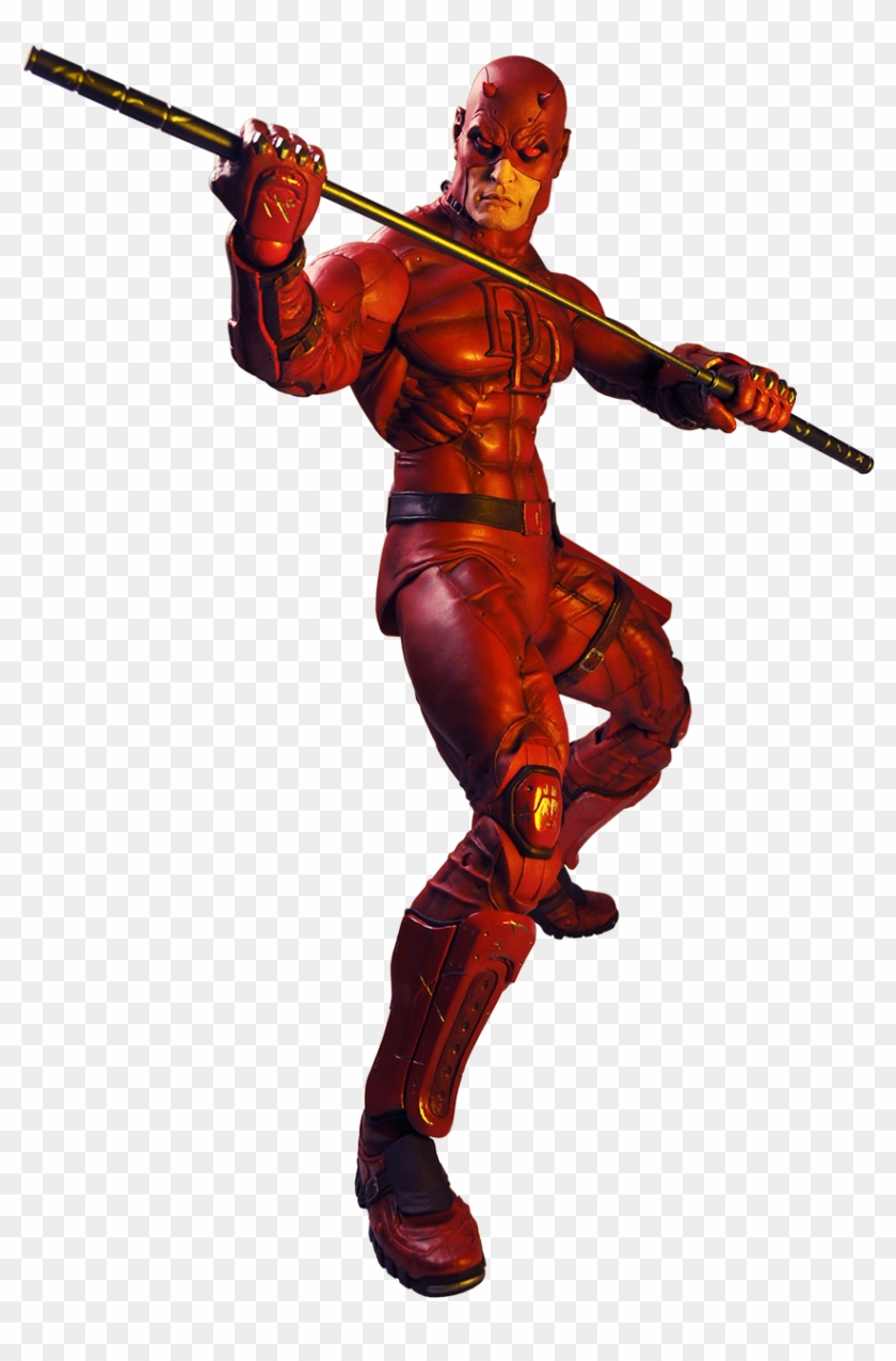 Daredevil in red suit wielding a billy club, posed dynamically against transparent background.