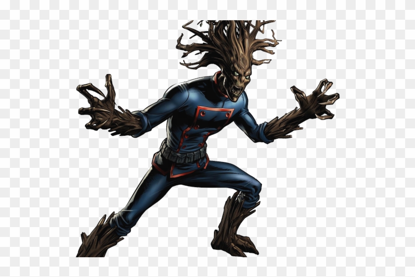 Groot in a dynamic combat pose, wearing a blue and red suit with wooden limbs and expressive facial features.