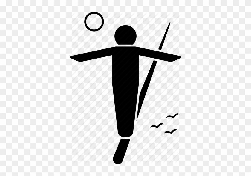 Silhouette of a person playing volleyball with ball, net, and birds in background.