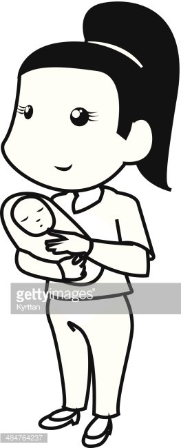 Smiling woman with ponytail holding a sleeping baby in her arms, black-and-white line illustration.