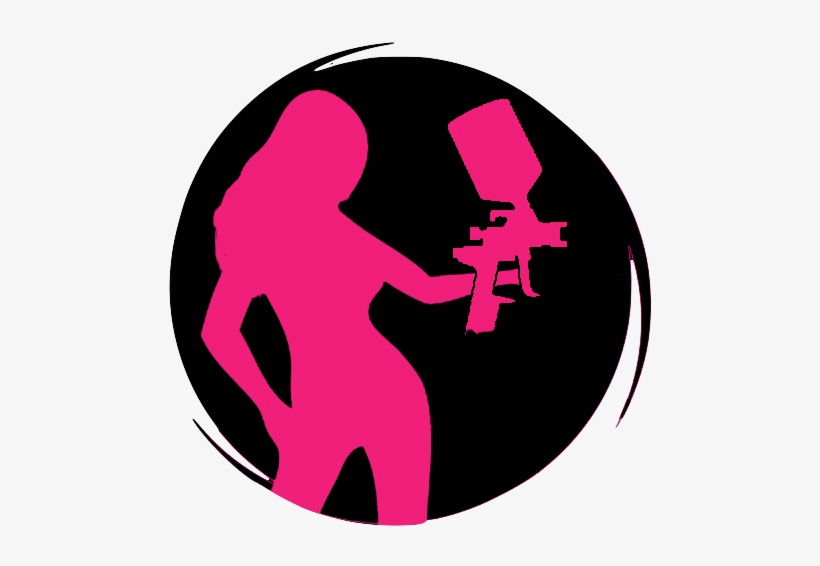 Pink silhouette of a woman holding a spray paint gun inside a black circular frame with dynamic white strokes.