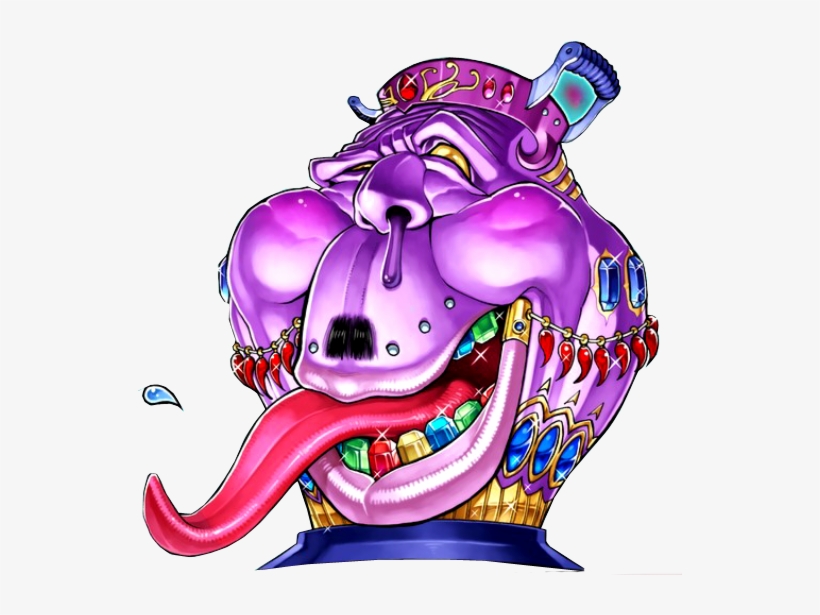 A stylized purple anthropomorphic creature with a crown, jewels, and a long tongue dripping saliva, in vibrant cartoon art style.