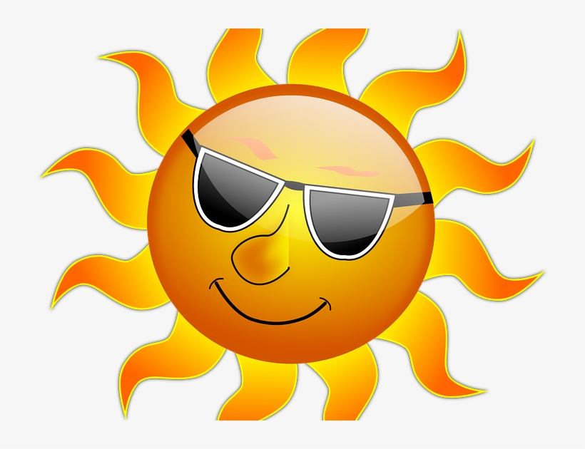 Cheerful cartoon sun wearing sunglasses with orange-yellow flames and a smiling face.