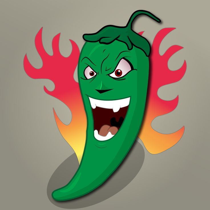 Angry green chili pepper with fiery flames and a fierce grin, cartoon-style illustration.
