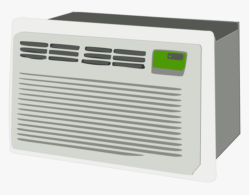 Illustration of a white window-mounted air conditioner with gray vents and a green control panel.