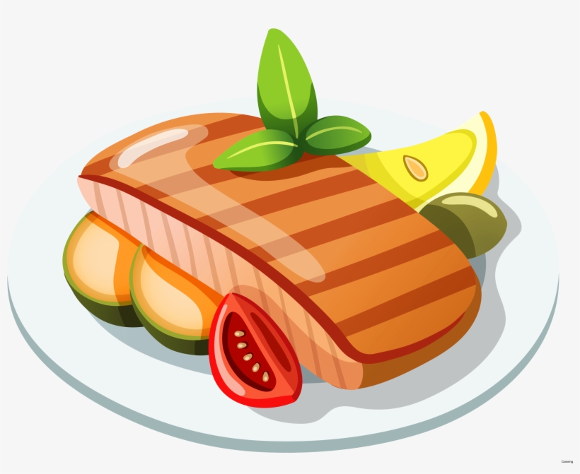 Grilled salmon fillet with lemon, basil, tomato, and zucchini on a white plate.