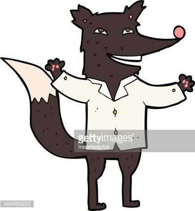 Cartoon fox in a white lab coat, smiling with arms outstretched, stylized with exaggerated features and pink nose.