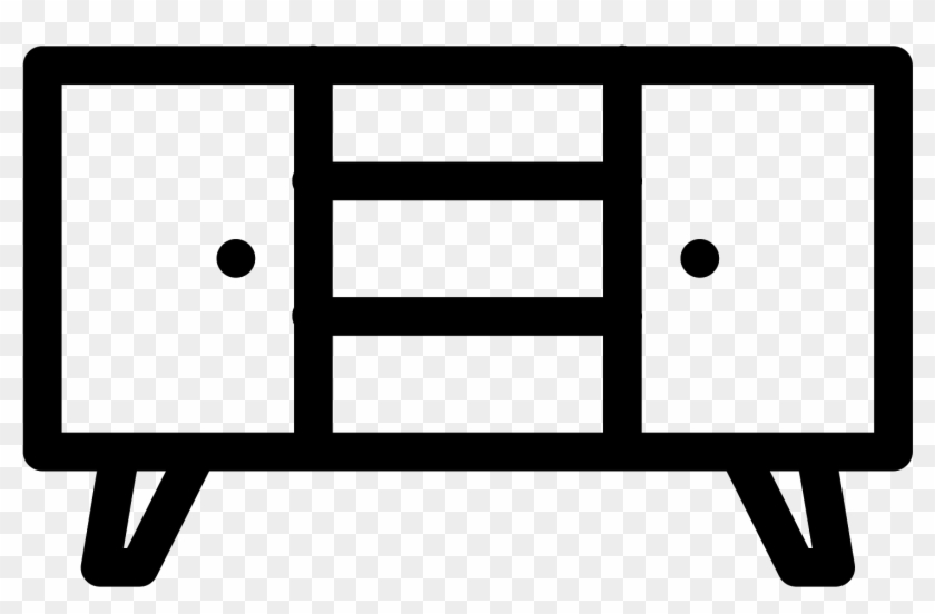 Minimalist line icon of a mid-century modern sideboard with two doors, three open shelves, and tapered legs.