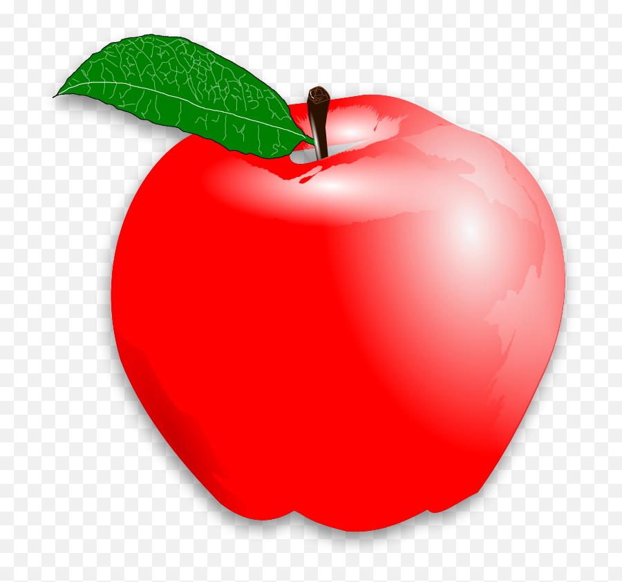A glossy red apple with a green leaf and brown stem on transparent background.