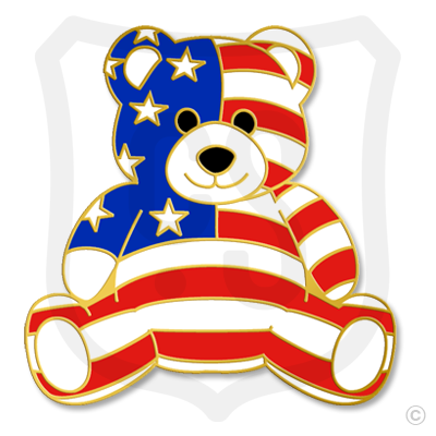 Patriotic teddy bear with American flag pattern in red, white, and blue, outlined in gold enamel.