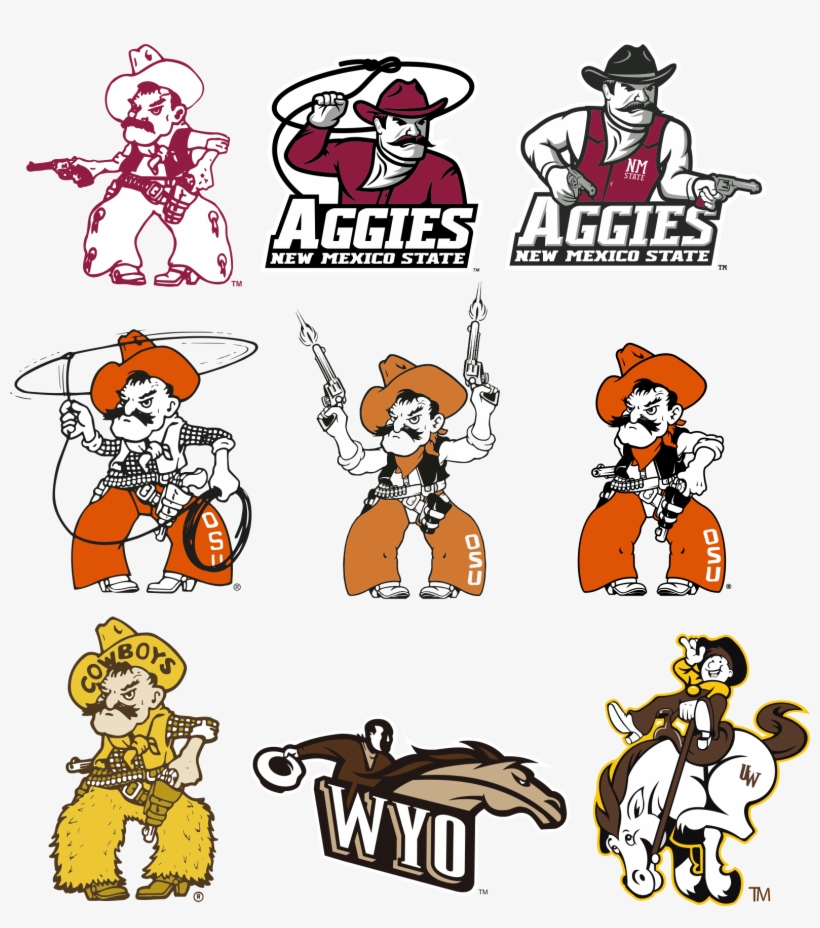 Collection of vintage college mascot logos including Aggies, Cowboys, and Wyoming horse-themed designs.