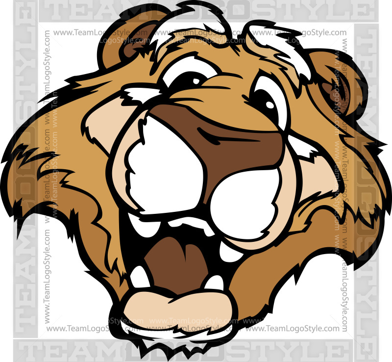 Cartoon lion mascot roaring with expressive eyes and open mouth, stylized for team branding.