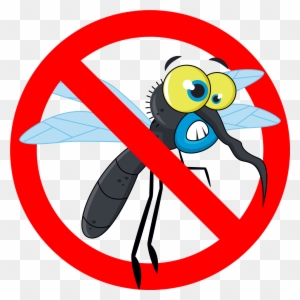 Cartoon mosquito crossed out by a red prohibition symbol, indicating mosquito prevention or control.