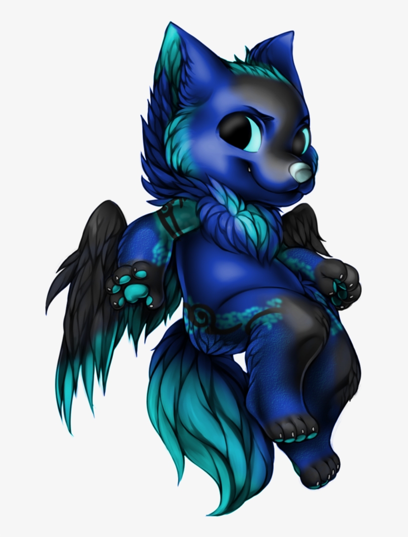 A stylized blue and teal furred chibi fox with black wings, glowing eyes, and ornate markings, sitting playfully.