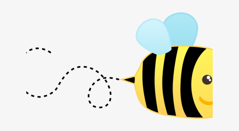 Cute cartoon bee with yellow and black stripes, blue wings, smiling face, and a dashed flight path trailing behind.