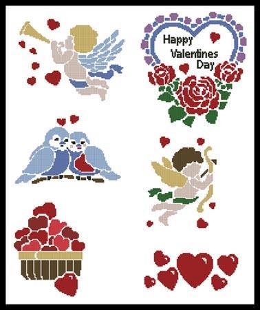 Six Valentine’s Day cross-stitch patterns: cherub, heart wreath, lovebirds, cupid, heart basket, and scattered hearts.