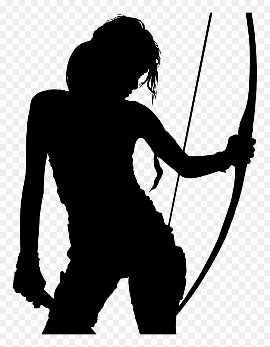 Silhouette of a female archer in action pose, drawing a bow with focused stance and rugged attire.