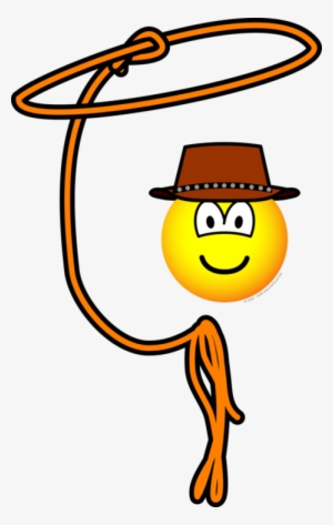 Smiling yellow emoji wearing a brown cowboy hat, swinging an orange lasso in a playful pose.