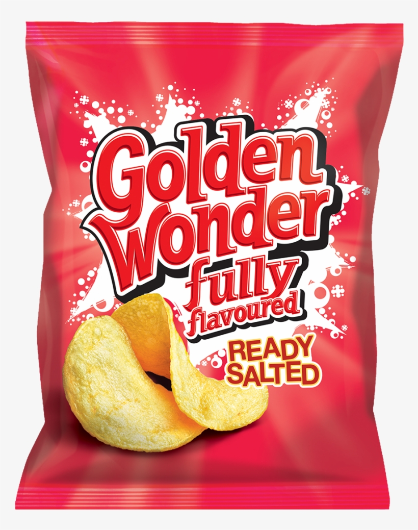 Golden Wonder Ready Salted crisps in a vibrant red packet with bold branding and chip imagery.