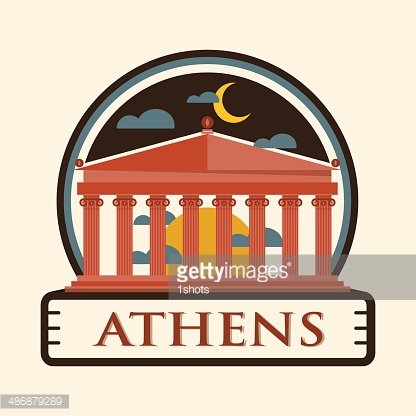 Stylized illustration of the Parthenon in Athens under a crescent moon and sunset, with "ATHENS" labeled below.