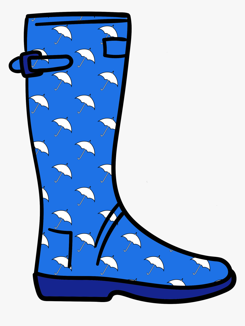 Blue rain boot with white umbrella pattern, black trim, and side buckle.