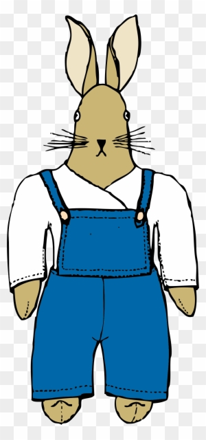 Cartoon rabbit wearing blue overalls and a white shirt, standing upright with long ears and whiskers.