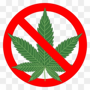 Red prohibition symbol over a green cannabis leaf, indicating illegal or banned marijuana use.