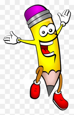 Cheerful yellow pencil character with purple eraser, waving arms, red shoes, and smiling face.