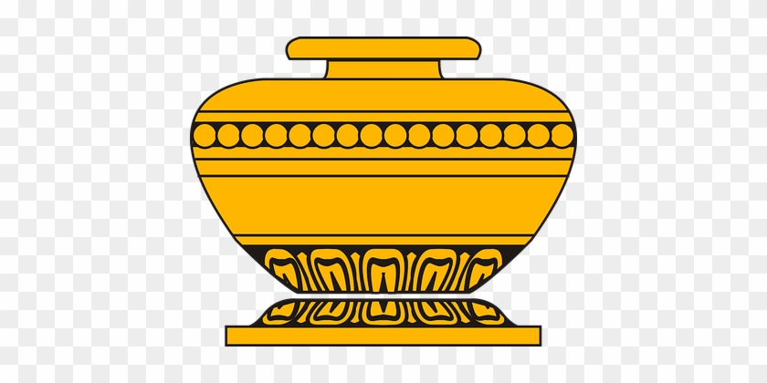 Golden ornate ceramic vase with black geometric patterns and a pedestal base.
