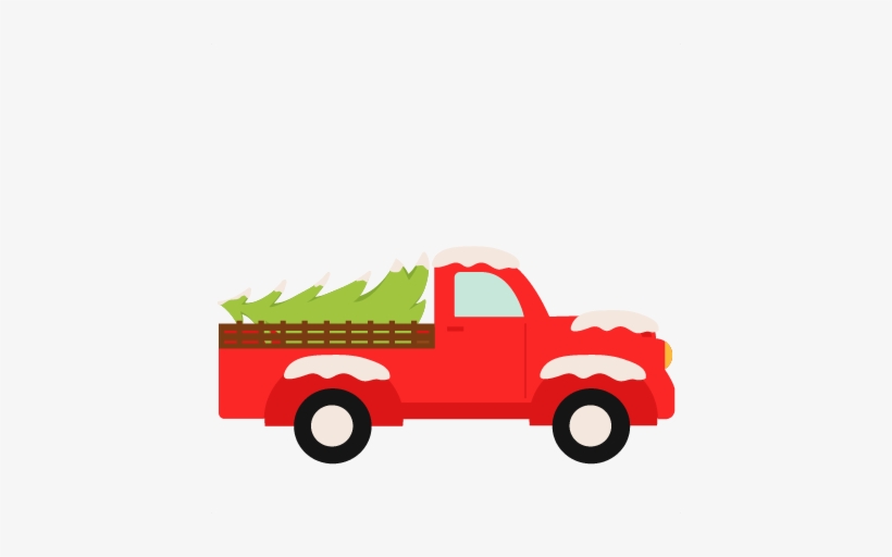 Red vintage pickup truck carrying a Christmas tree, dusted with snow.