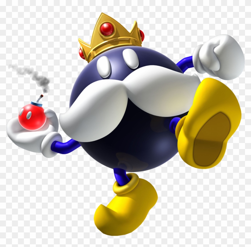 King Bob-omb from Mario series, a round black bomb with crown, mustache, and lit fuse, mid-stride in action pose.