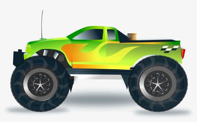 Vibrant green and yellow monster truck with oversized tires and flame decals, cartoon-style illustration.