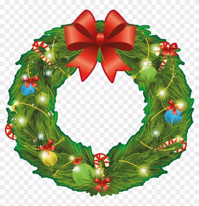 Festive green Christmas wreath adorned with red bow, candy canes, ornaments, and twinkling lights on transparent background.
