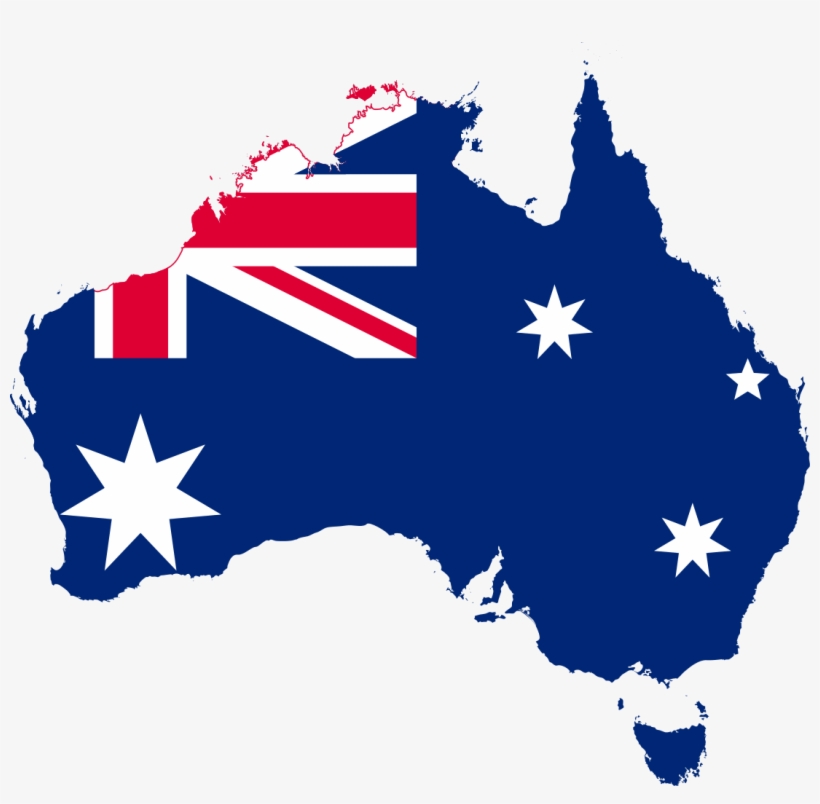 Australia map silhouette filled with national flag design featuring Union Jack, Commonwealth Star, and Southern Cross stars.