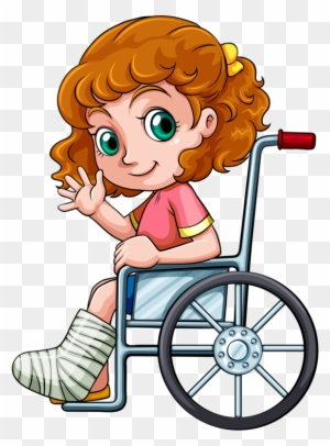 Smiling girl with curly red hair in a wheelchair, waving, with a cast on her leg.