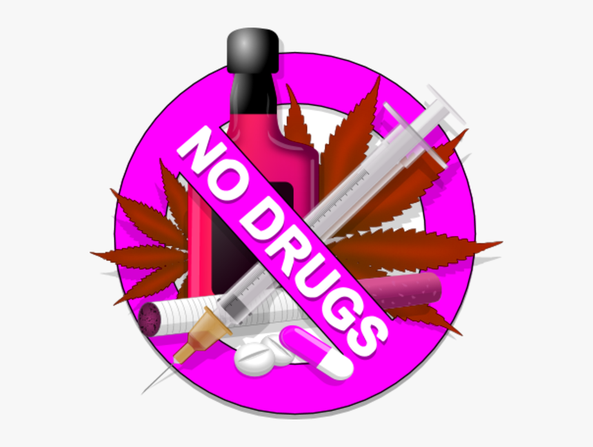 Pink "NO DRUGS" prohibition sign with syringe, pills, bottle, cannabis leaf, and cigarette crossed out.